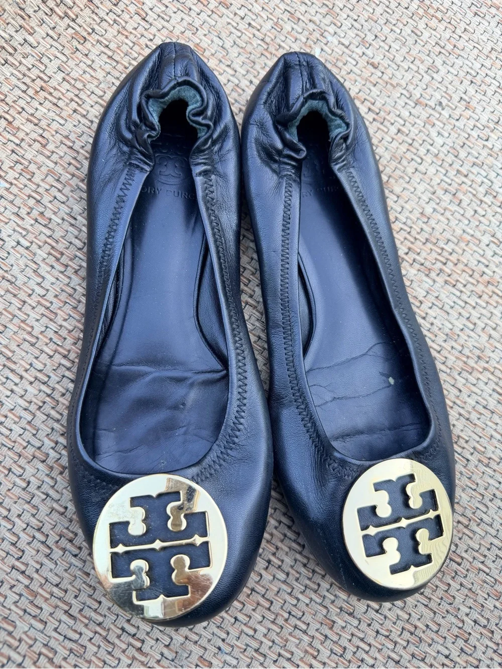 Tory Burch Black Leather Flats with Gold Logo Medallions